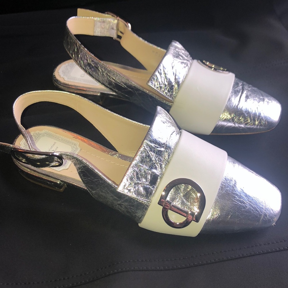 Dior Leather Silver Metallic Mules
